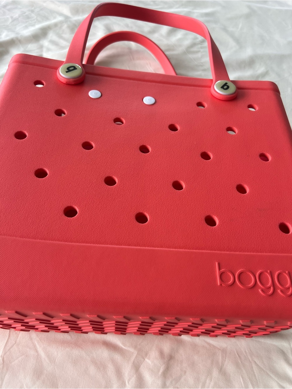 BOGG BAG Orangey Coral Tote with Yellow Smile Jibbitz & Cup Holder, NWOT - Picture 7 of 8
